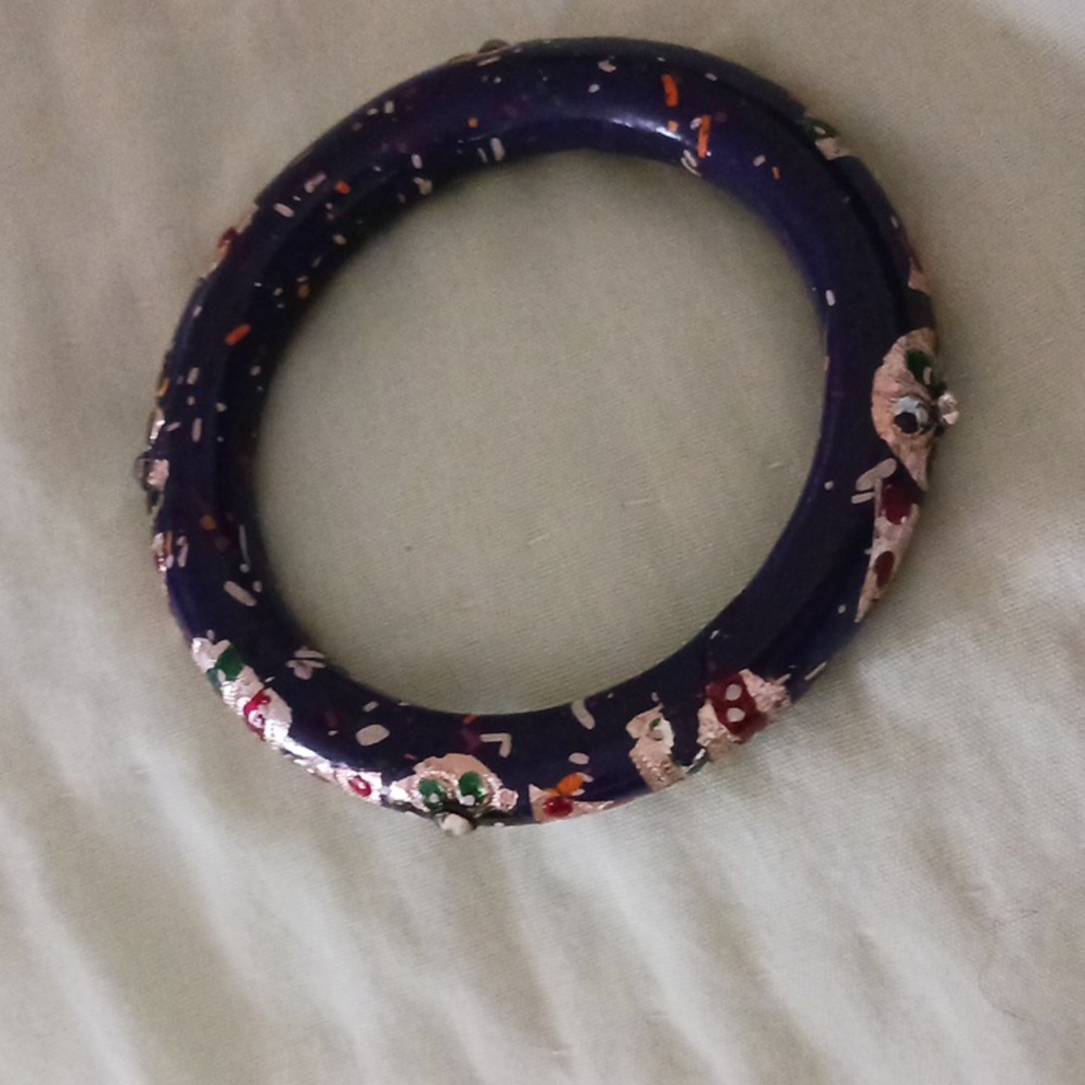 Vintage Boho Blue Wood Bangle, Size 6 1/2, With Rhinestones